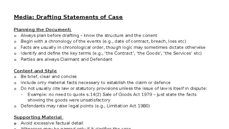 Media: Drafting Statements of Case - Planning and Requirements - Studocu