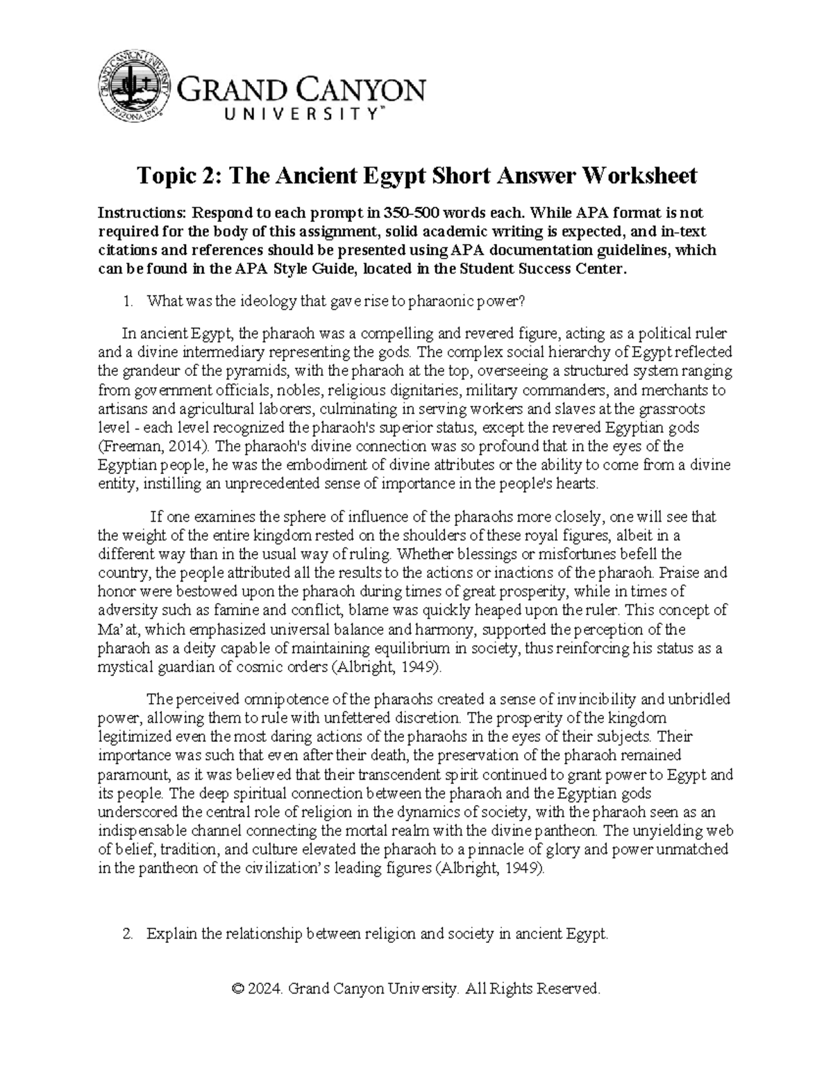 HIS-325 Ancient Egypt Short Answer Worksheet Response Guide - Studocu