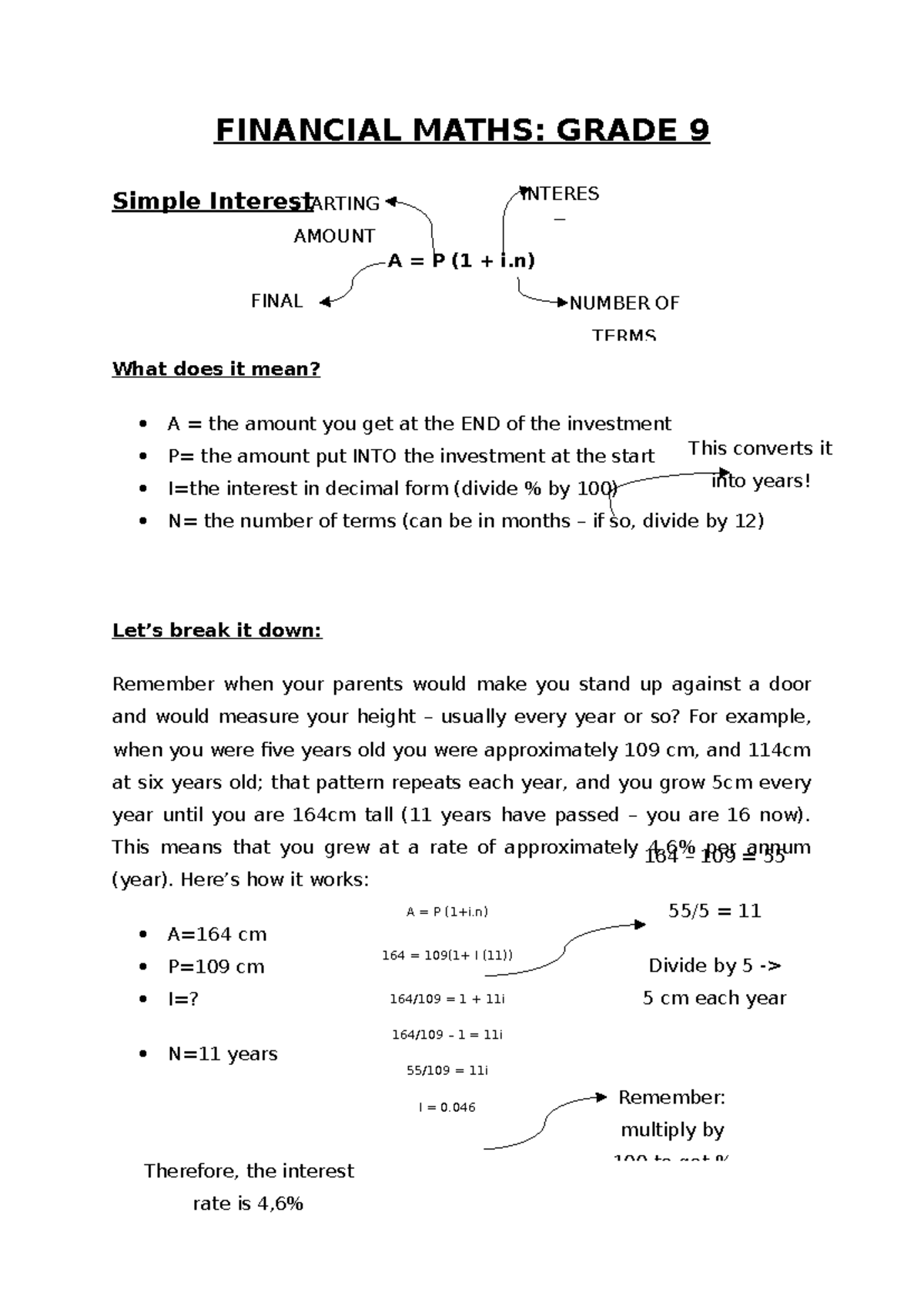 Financial Maths: Grade 9 Simple Interest Concepts and Examples - Studocu