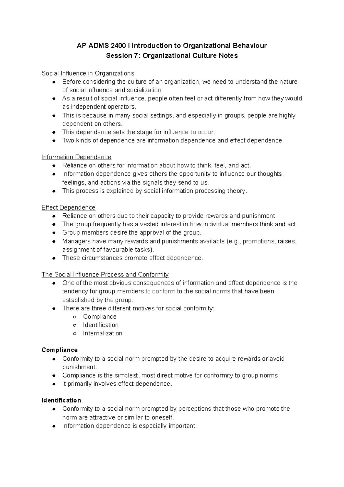 AP ADMS 2400 I Intro to Org Behaviour: Session 7 Culture Insights - Studocu
