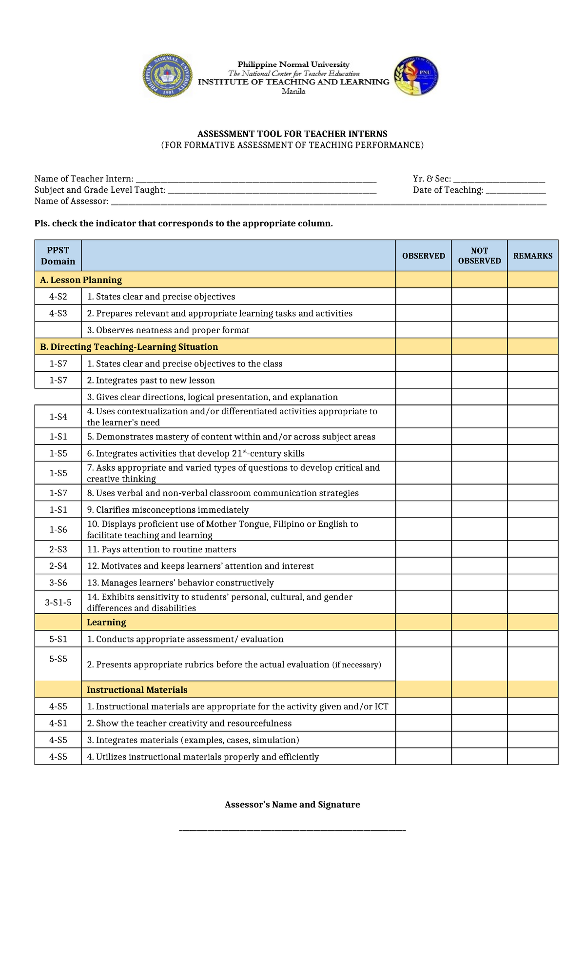 Tool for Formative Assessment of Teaching Performance - ASSESSMENT TOOL ...
