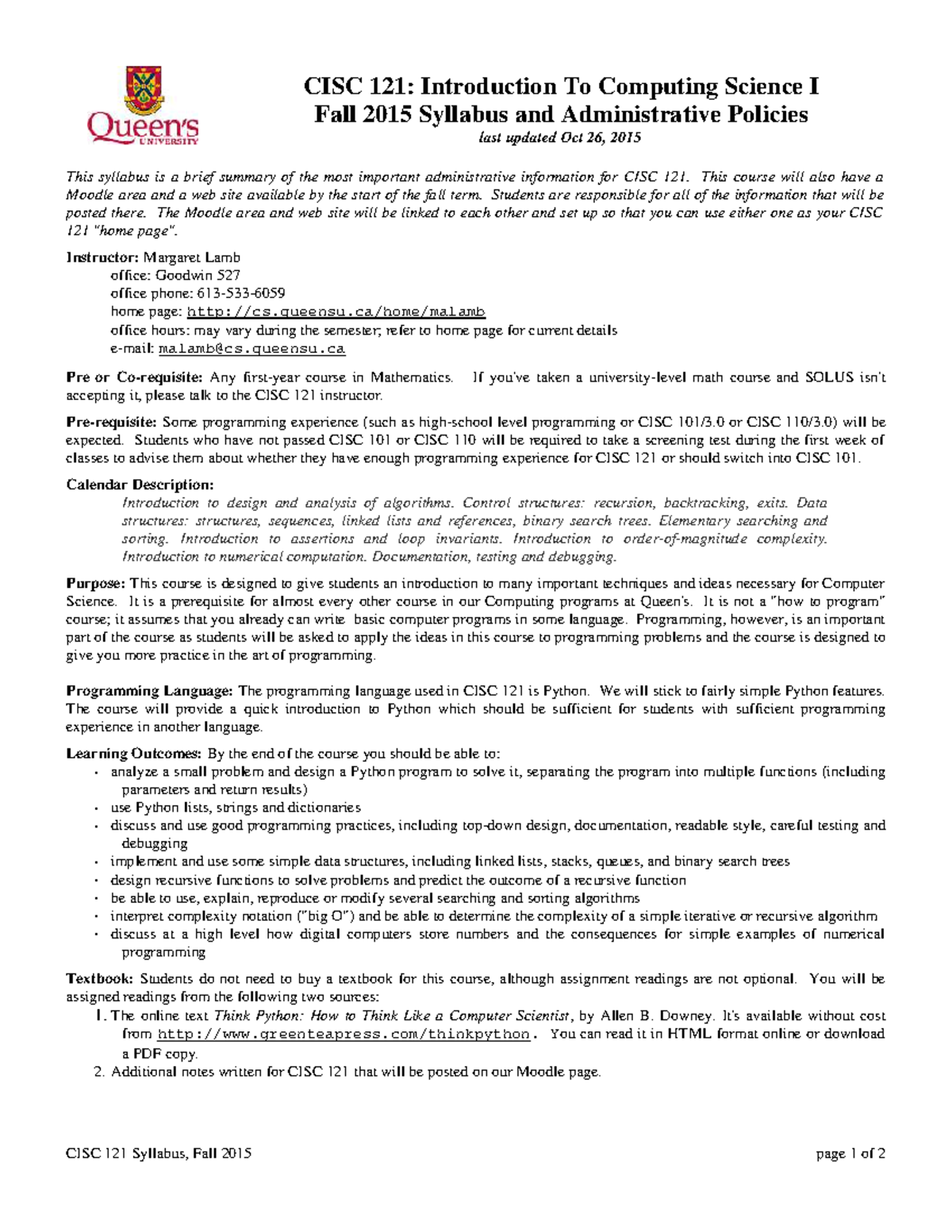 CISC 121 Fall 2015: Intro to Computing Science Syllabus - Studocu