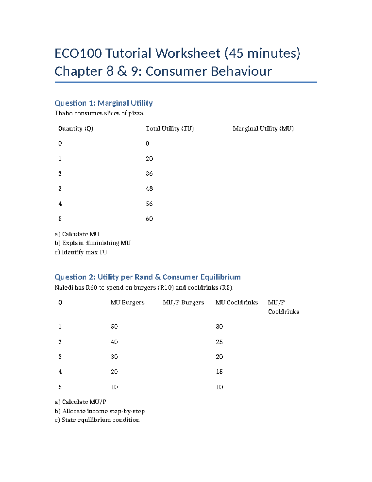 ECO100 Tutorial Worksheet: Consumer Behaviour & Utility Analysis - Studocu