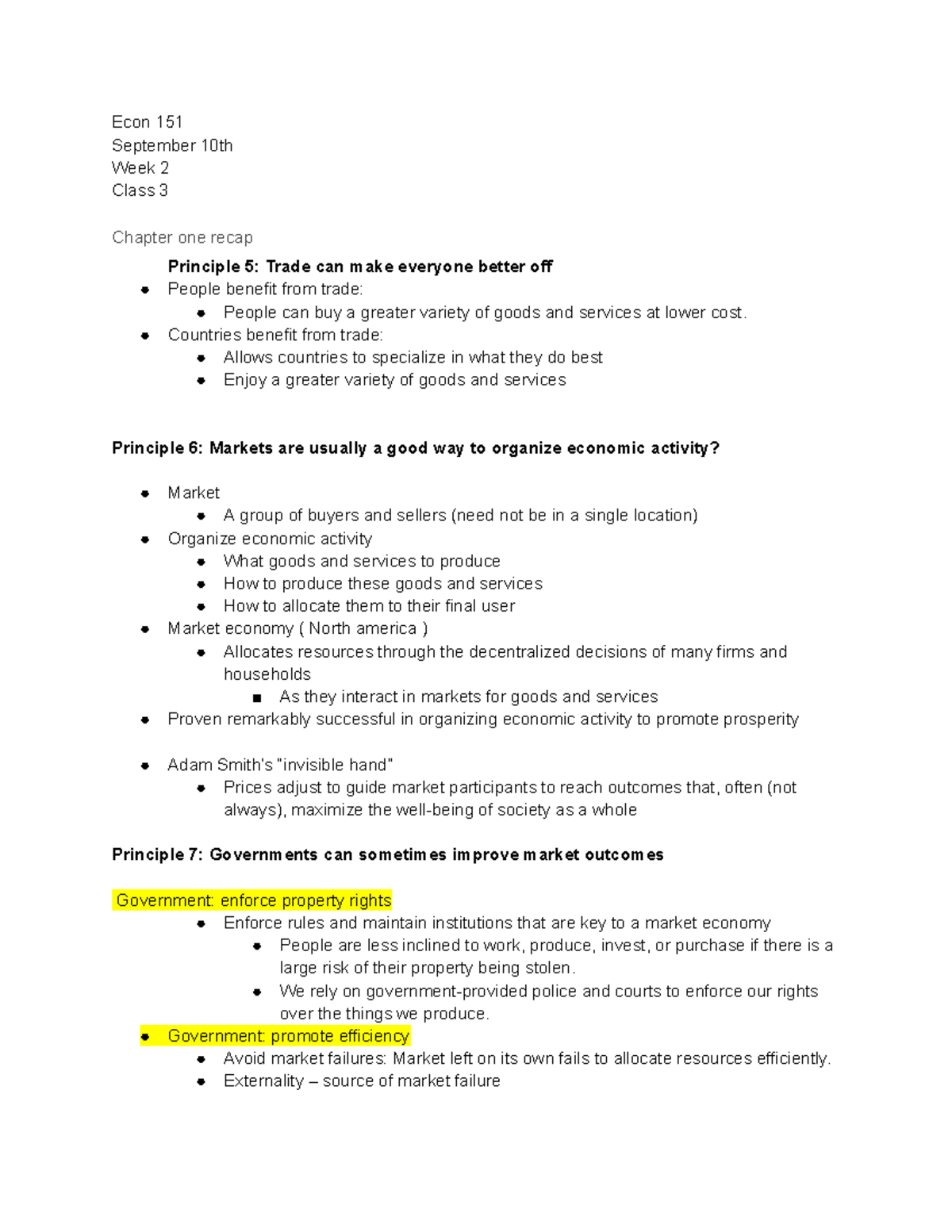 Econ 151 Lecture Notes: Principles of Economics (Ch. 1-4) Summary - Studocu