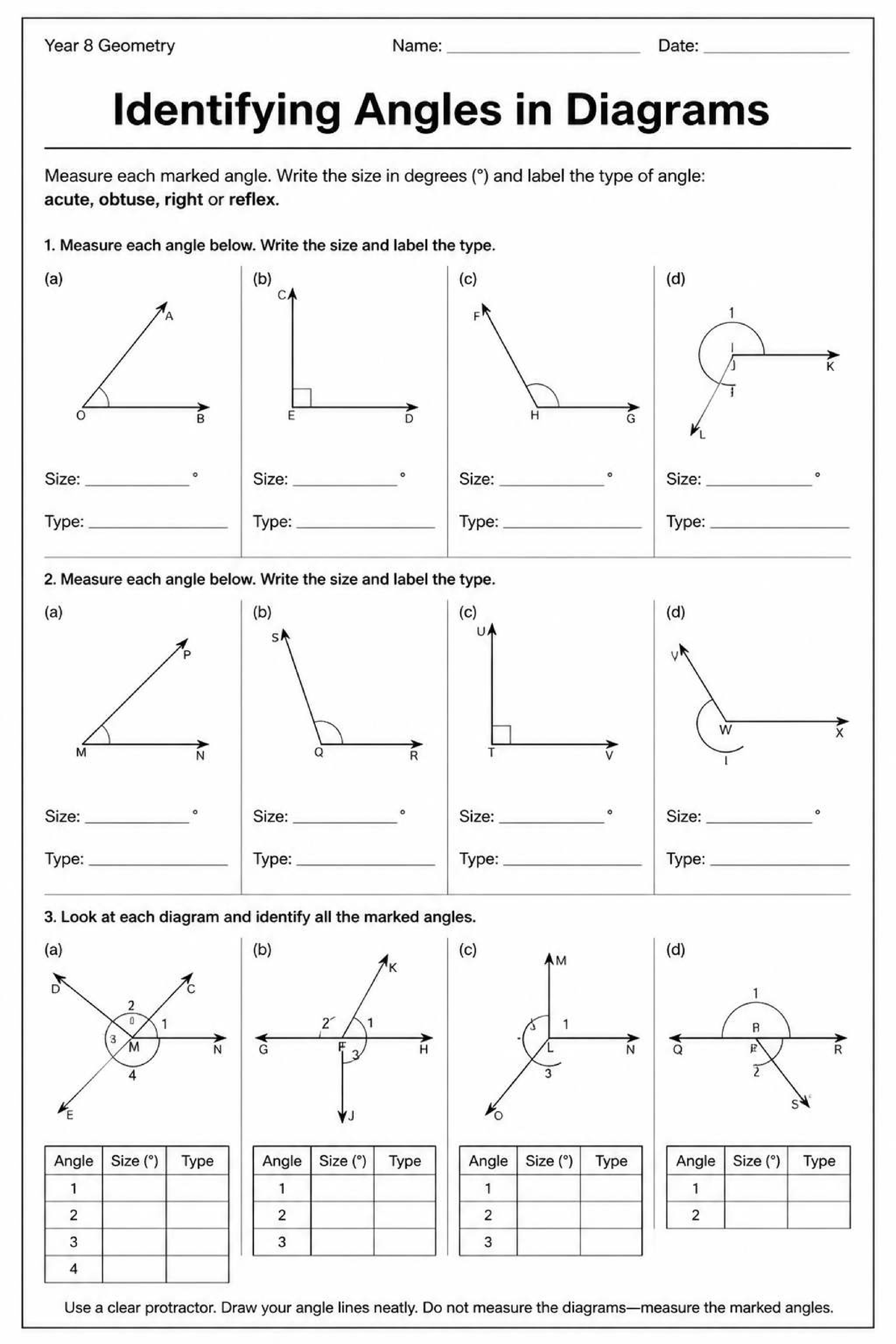 Year 8 Geometry: Identifying and Measuring Angles in Diagrams - Studocu