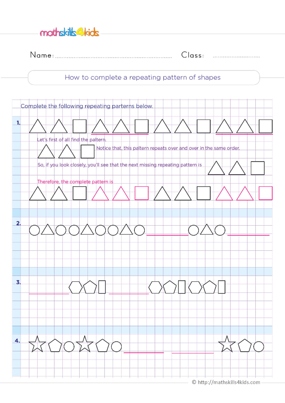 Number pattern 6 - Exercise to practice - mathskills4kids Name: Class ...