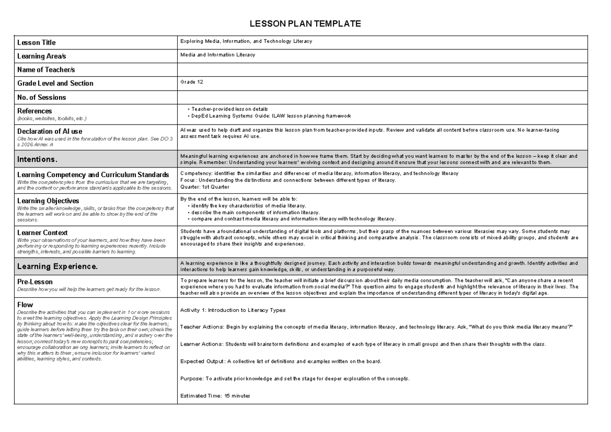 Lesson Plan - Media and Information Literacy (Grade 12) - Studocu
