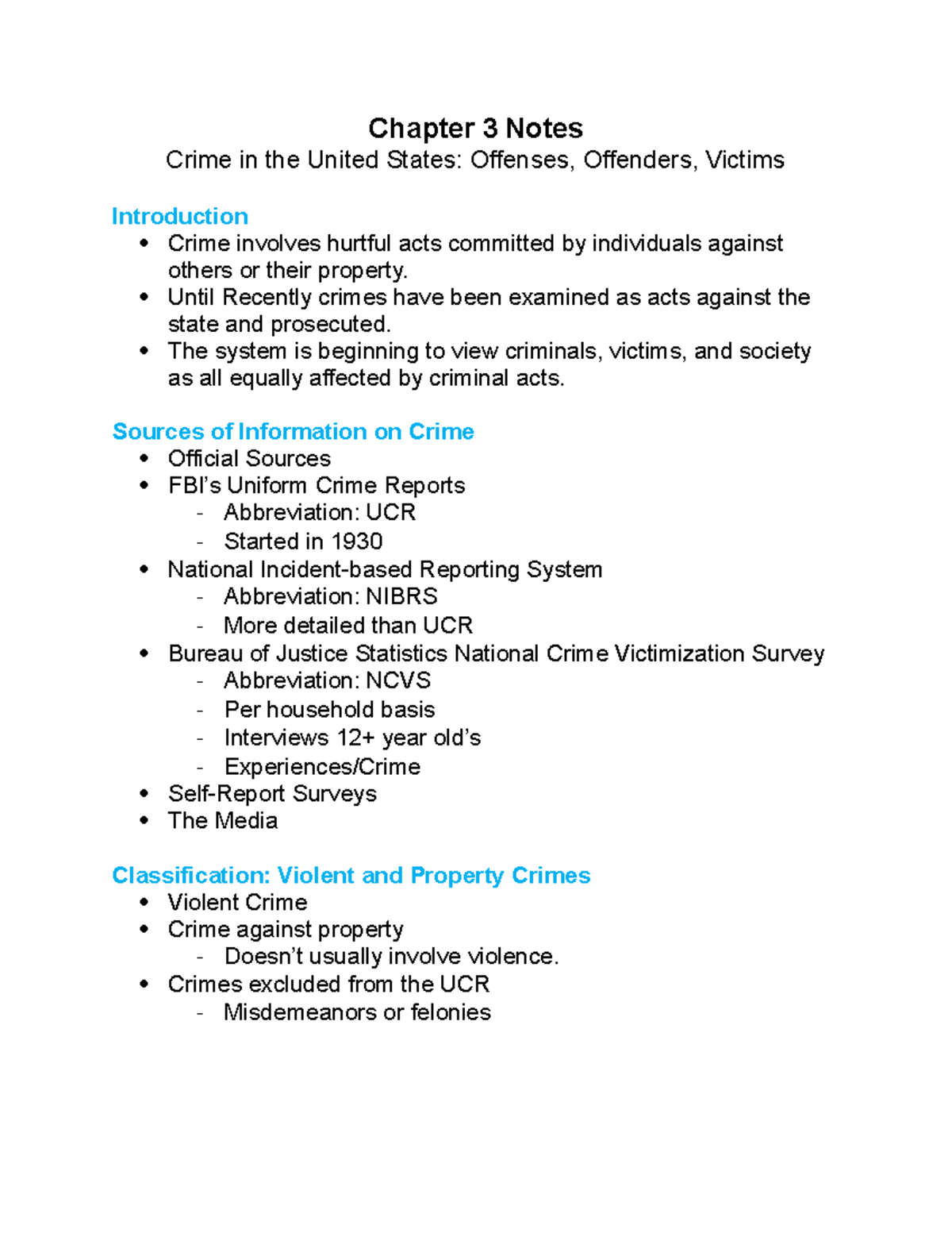 CJ 101 Ch. 3 Lecture Notes: Crime, Offenders & Victims in the U.S ...