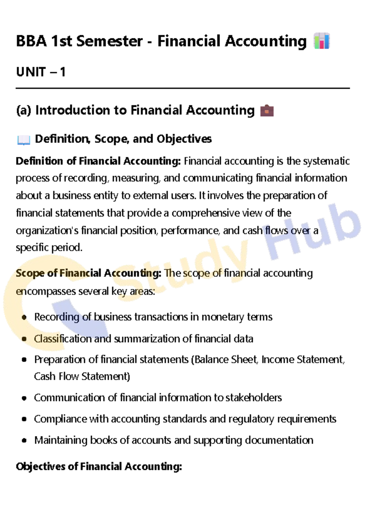 BBA 1st Sem Financial Accounting: Unit 1 Overview & Key Concepts - Studocu