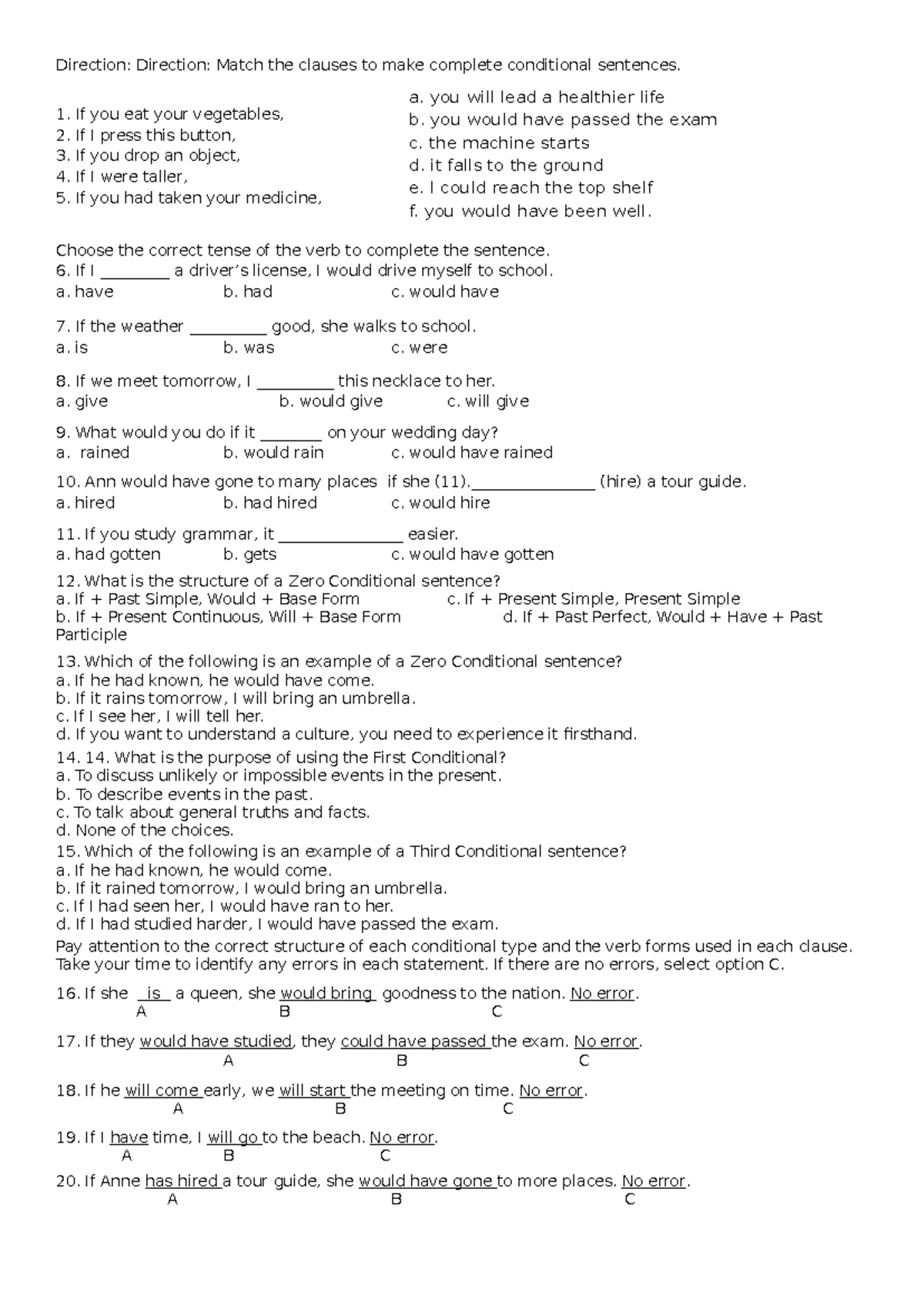 Test Conditionals: Matching Clauses and Verb Tenses - Studocu
