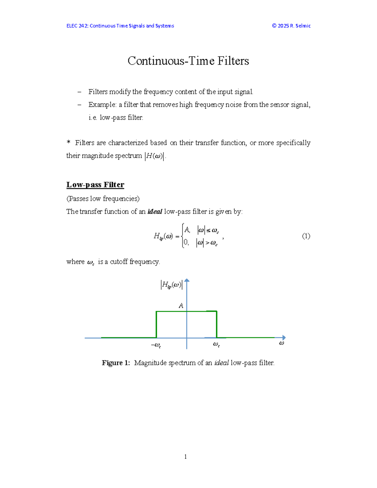 ELEC 242: Filters Lecture Notes - Continuous Time Signals & Systems ...