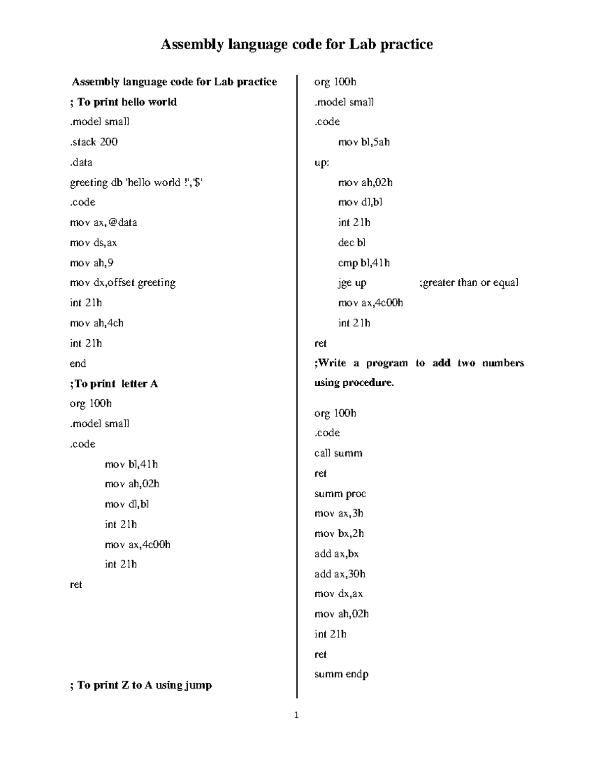 Assembly Language Lab Manual: Code Examples and Practices - Studocu