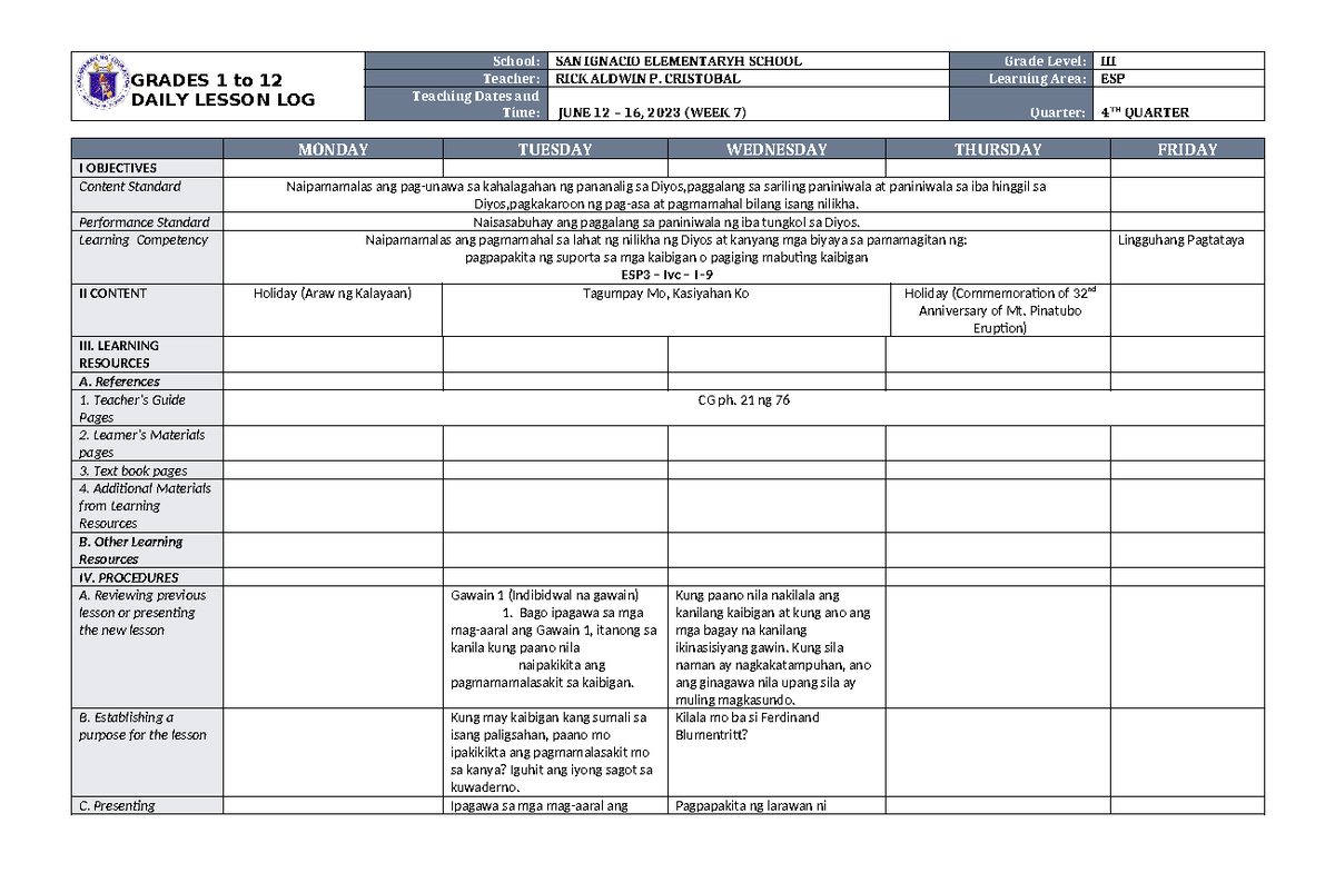 DLL ESP 3 Q4 W7 - Detailed Lesson Plan for Grade III - Studocu