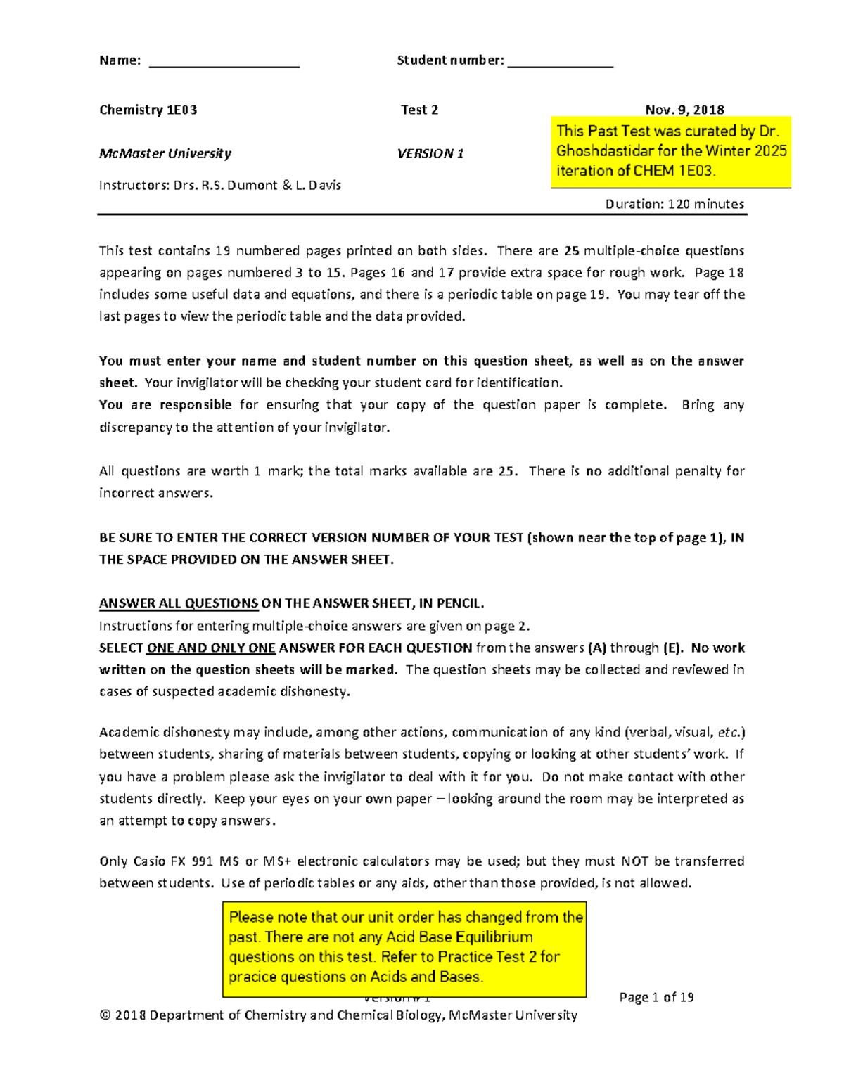 CHEM 1E03 - 2018 - Test 2 - Complete Question Set - Studocu