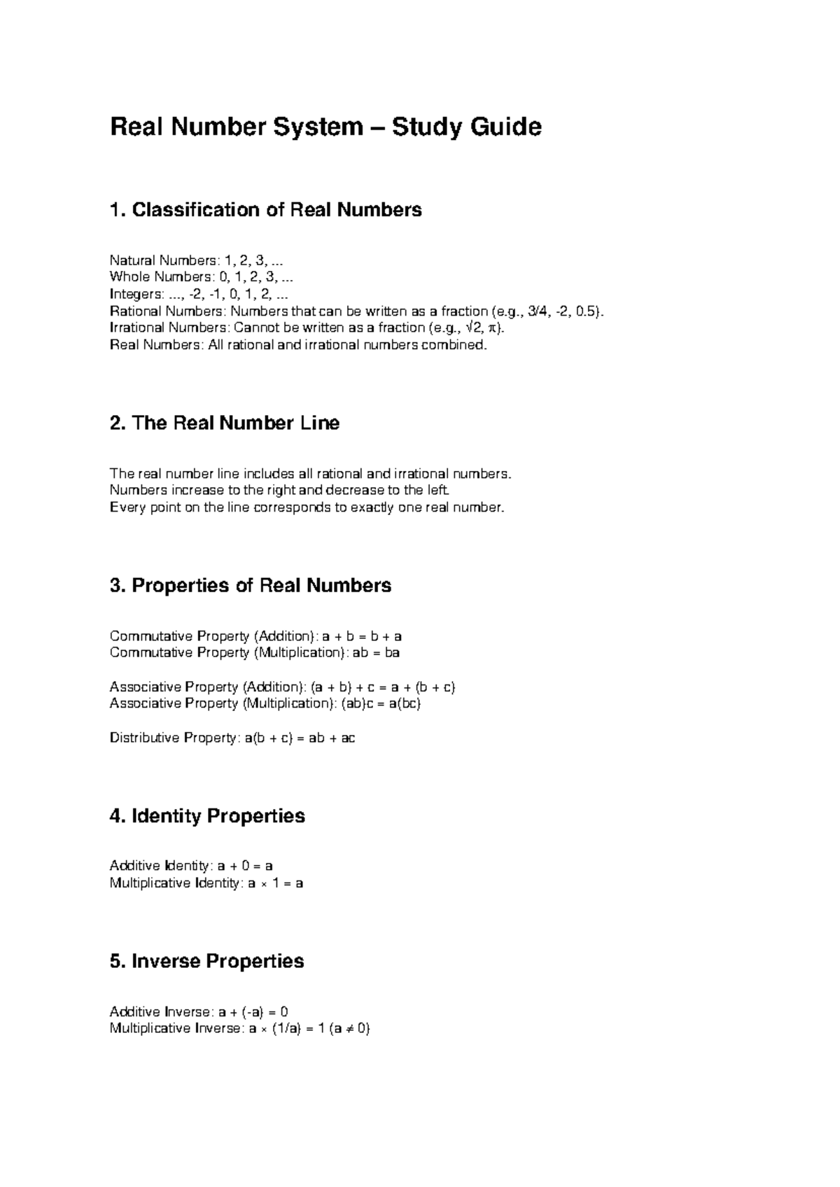 Real Number System Study Guide 1: Key Concepts and Properties - Studocu