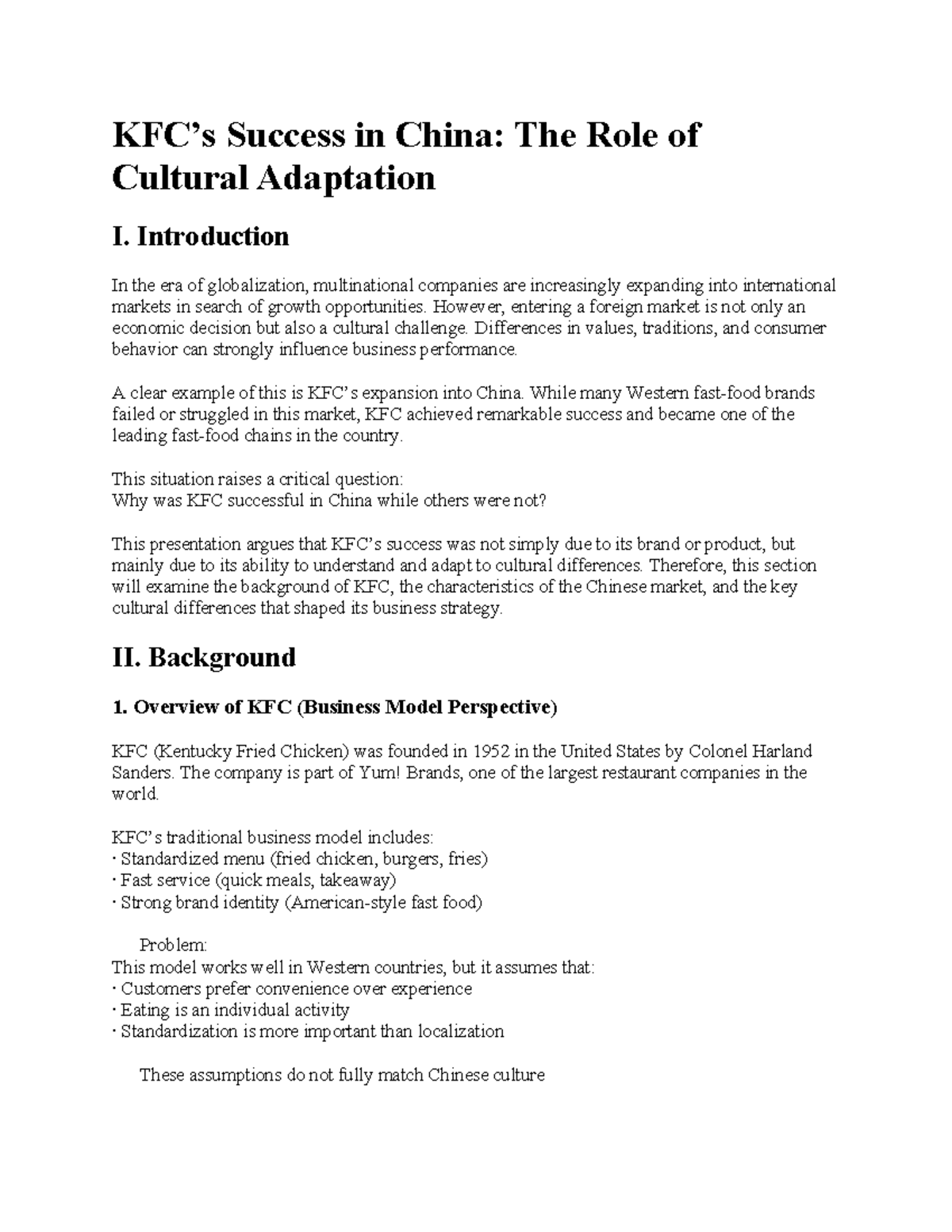 Cultural Adaptation in Global Business: KFC's Success in China (BUS 101 ...