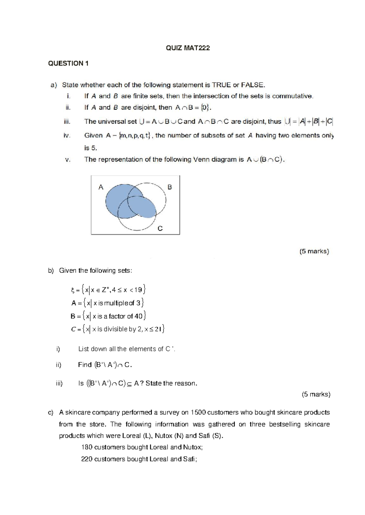 Quiz 1: Set Theory & Skincare Survey Analysis (Oct 2023) - Studocu