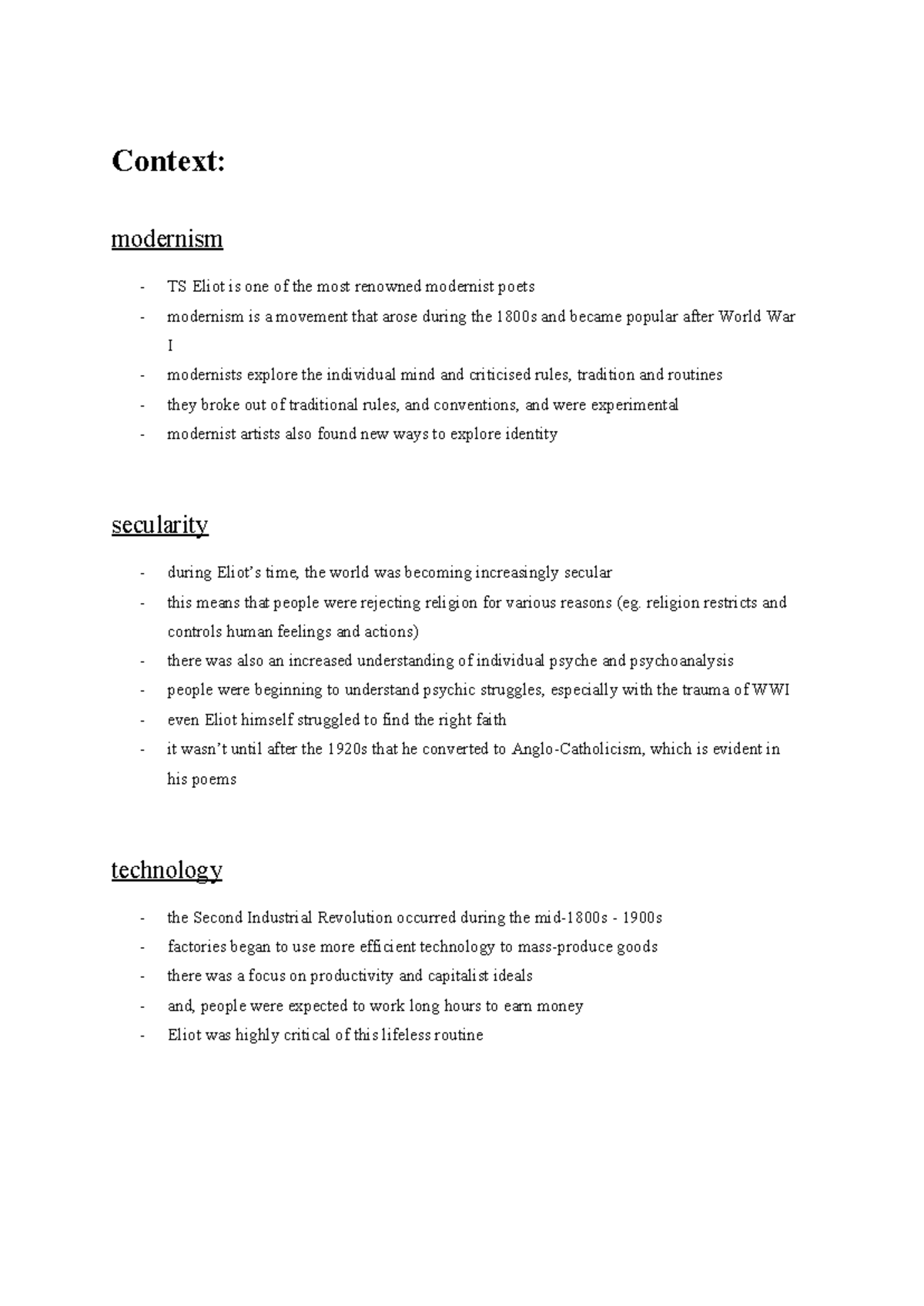 T.S. Eliot Modernism Summary Notes: Key Themes & Poem Analysis - Studocu