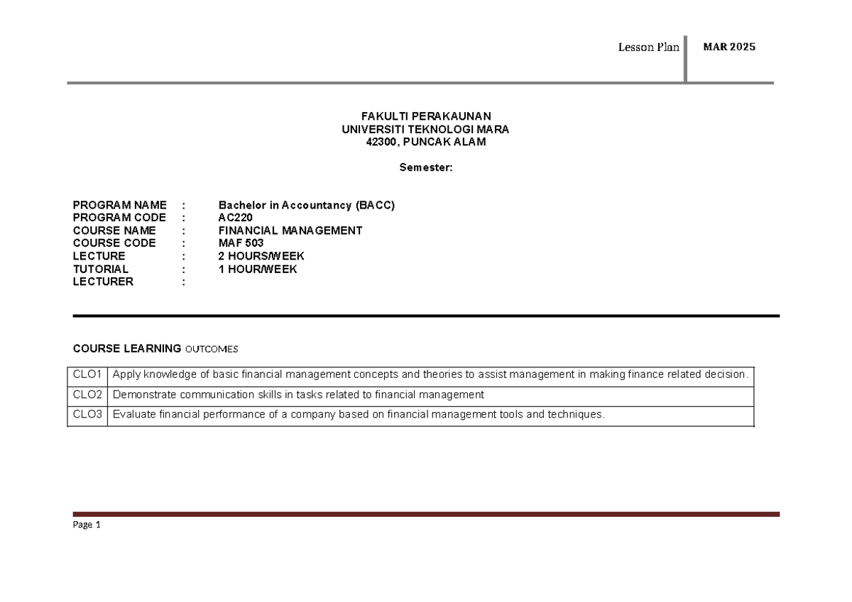Lesson Plan for Financial Management (MAF 503) - MAR 2025 - Studocu