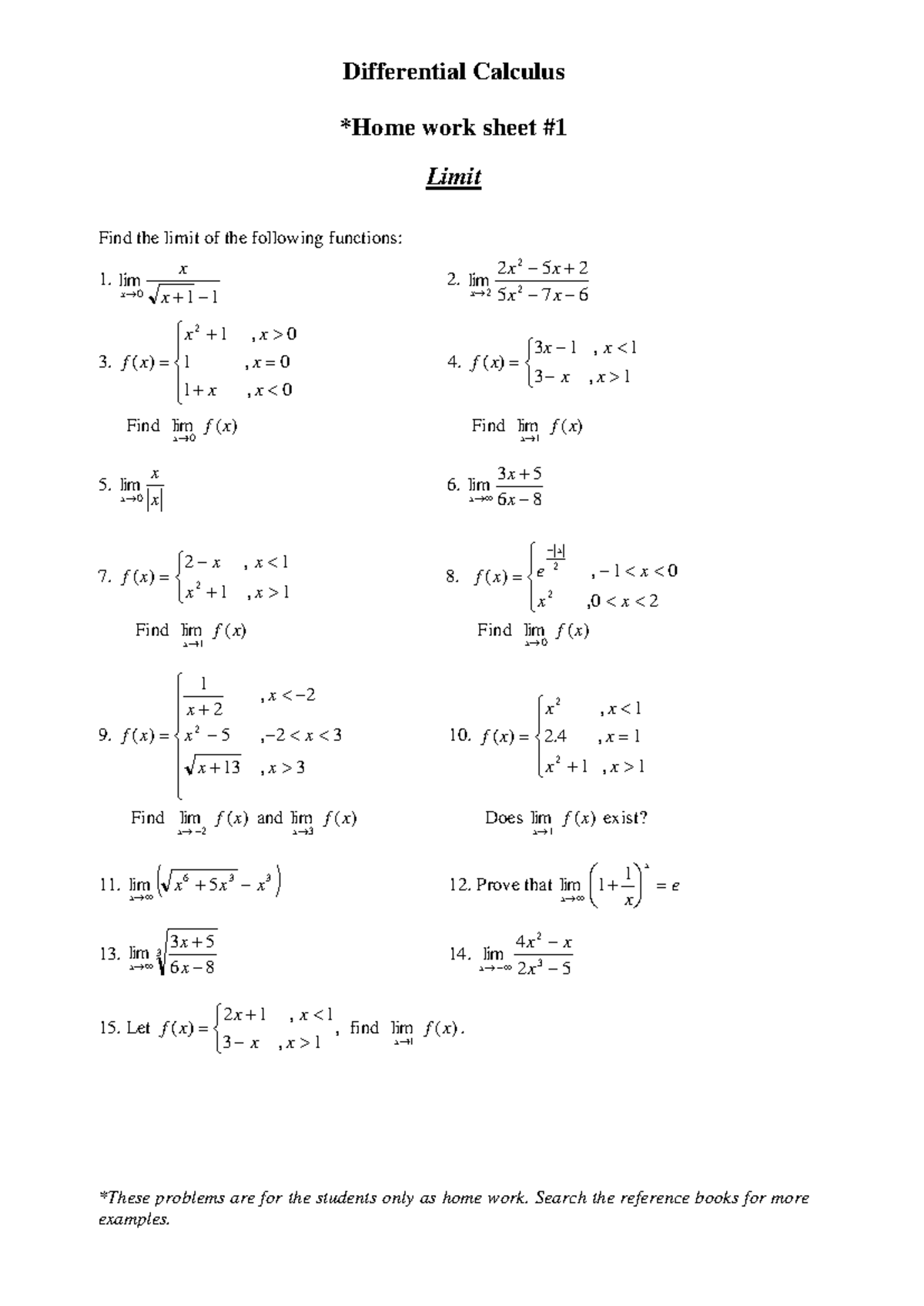 Calculus Practice Sheet (HW 1-6) - Limits, Continuity, and ...