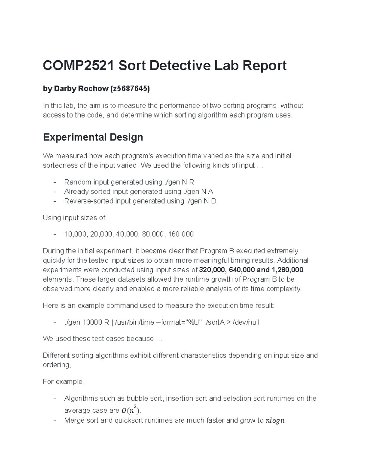 COMP2521 Sorting Algorithm Performance Lab Report - Studocu
