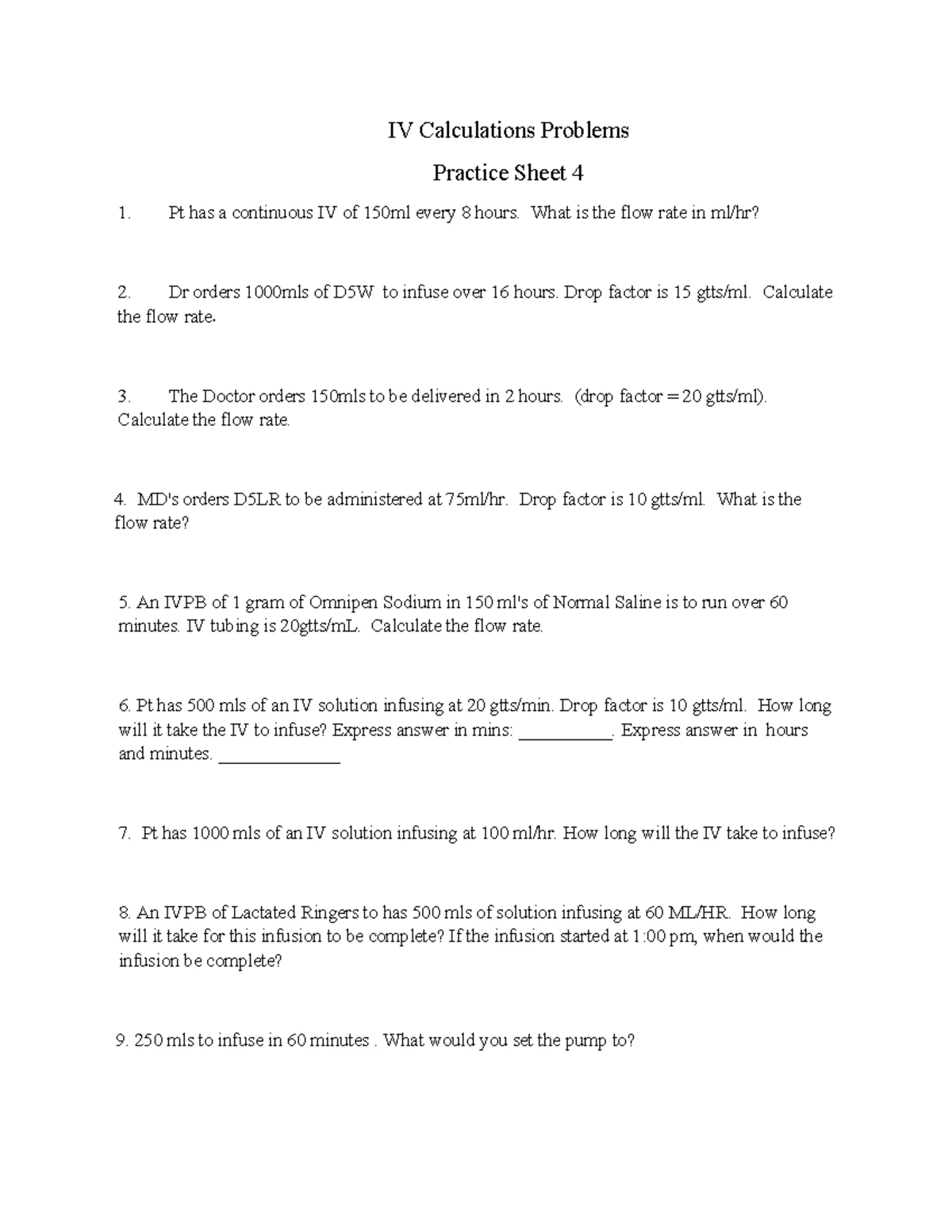 IV Calculations Practice Sheet 2: Flow Rate Problems and Solutions ...