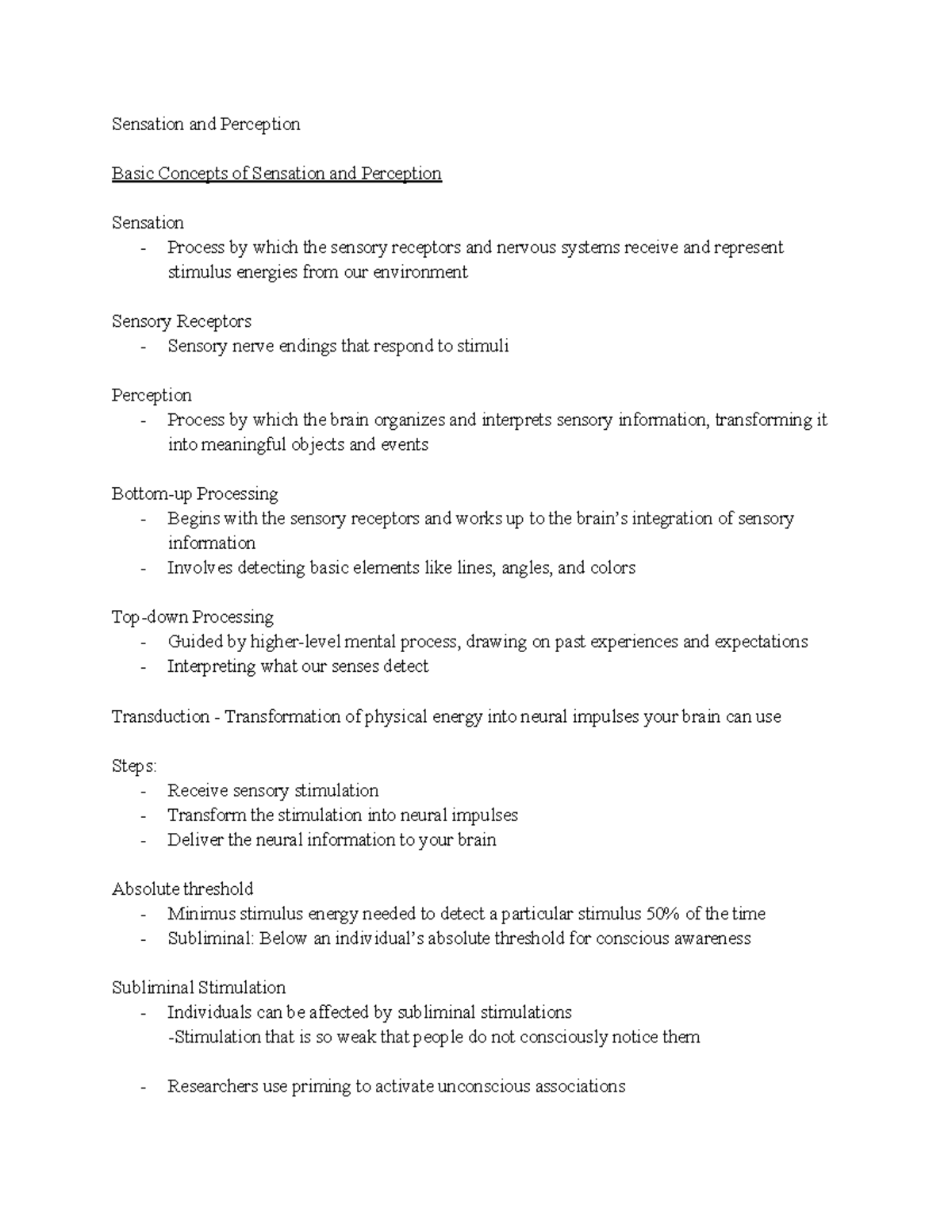 Chapter 5: Sensation and Perception Study Notes (PSY 101) - Studocu