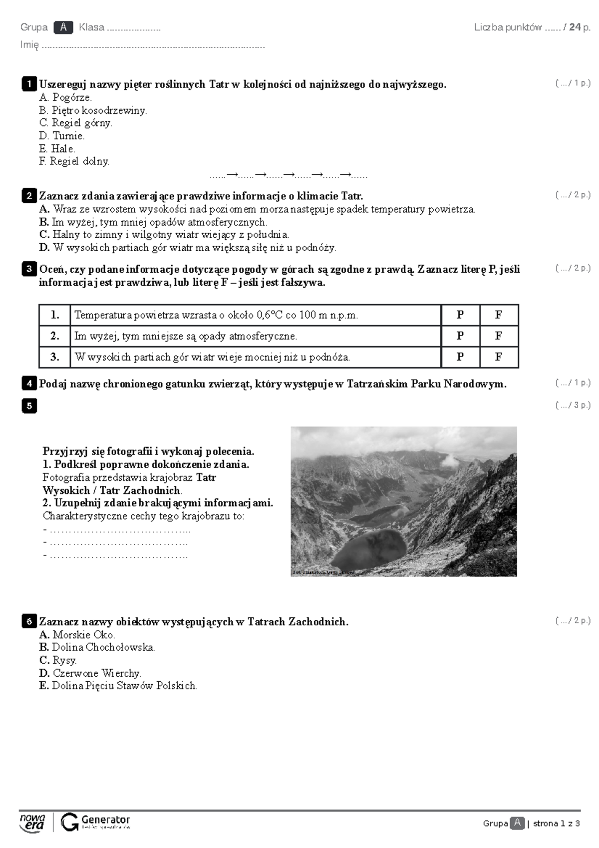 Sprawdzian Geografia 3 Gimnazjum Tatry Nie Są Lodowcami Górskimi