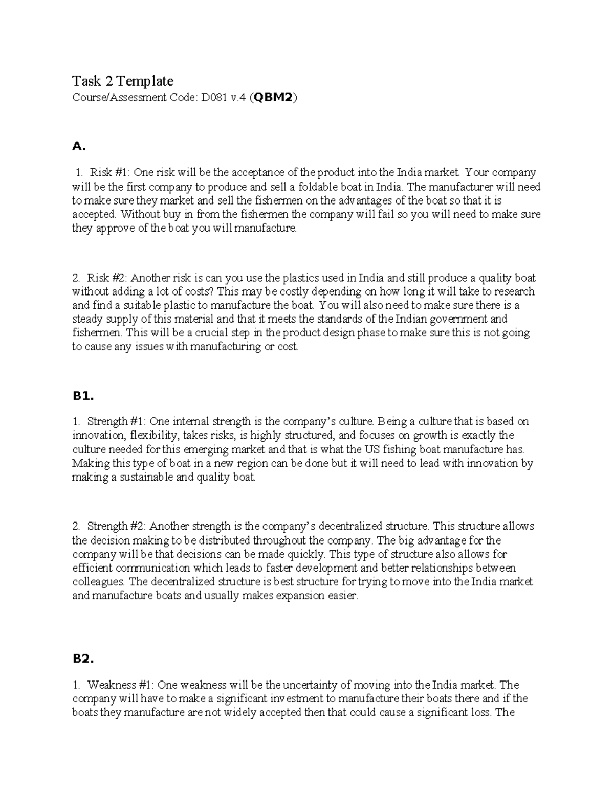 D081 Task 2 Analysis - Risks, Strengths, Weaknesses, Opportunities ...