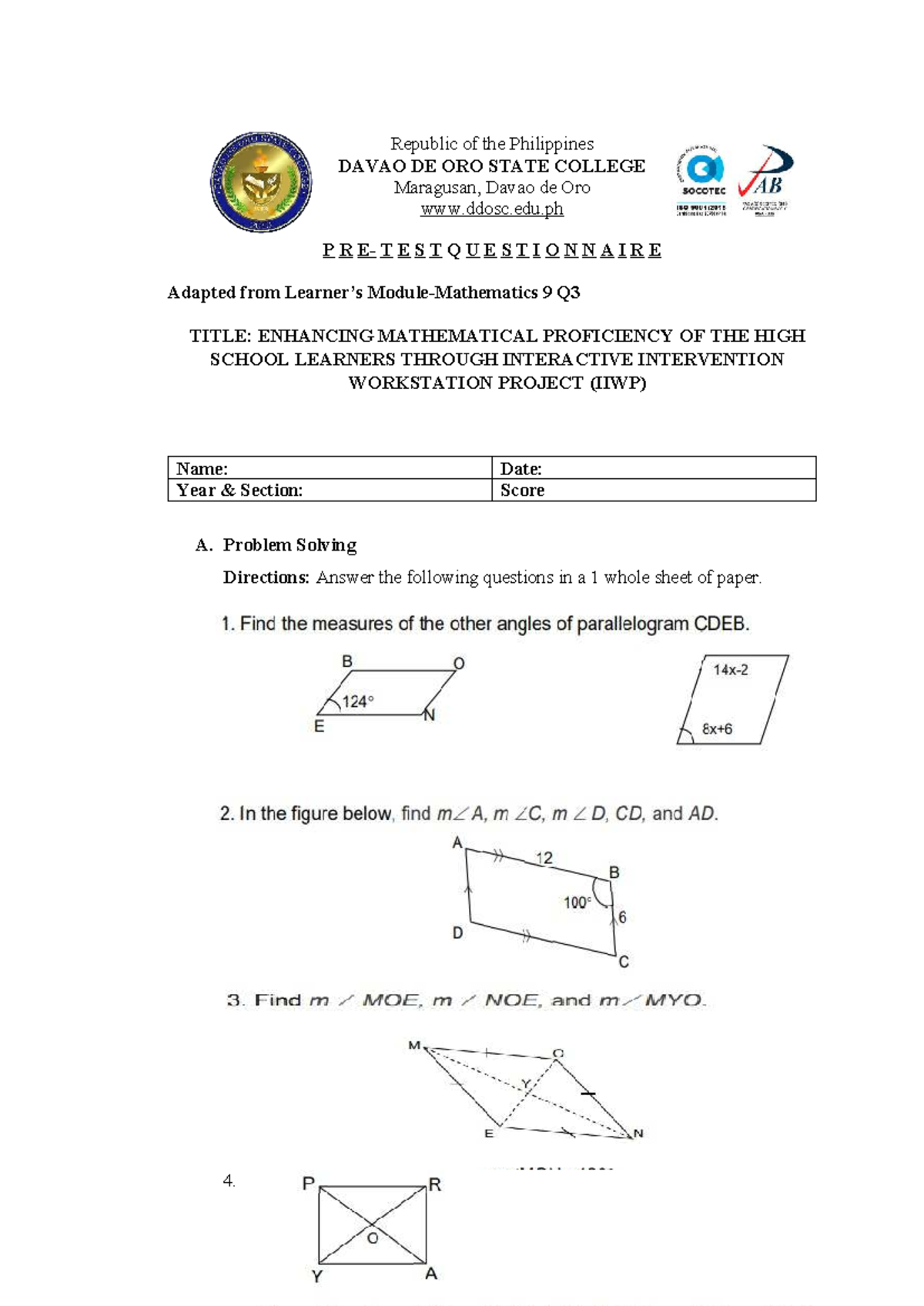 Enhancing Math Proficiency: Test Questionnaire (DAVAO DE ORO) - Studocu