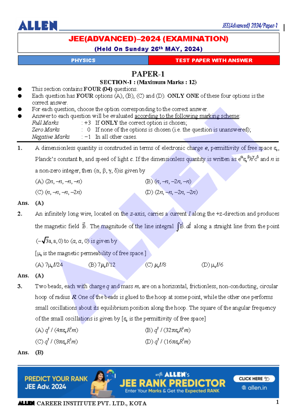 V1 JEE Advanced 2024 Physics With Answer Paper-1 - 1 JEE(ADVANCED)–2024 ...