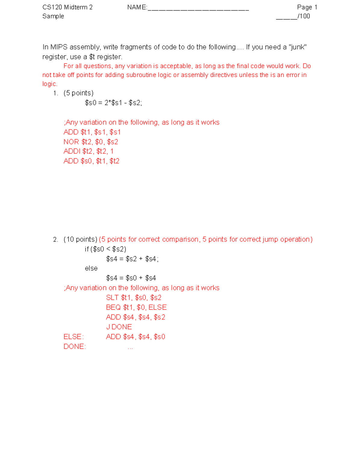 CS120 Midterm 2 Assembly Code Practice Questions and Solutions - Studocu