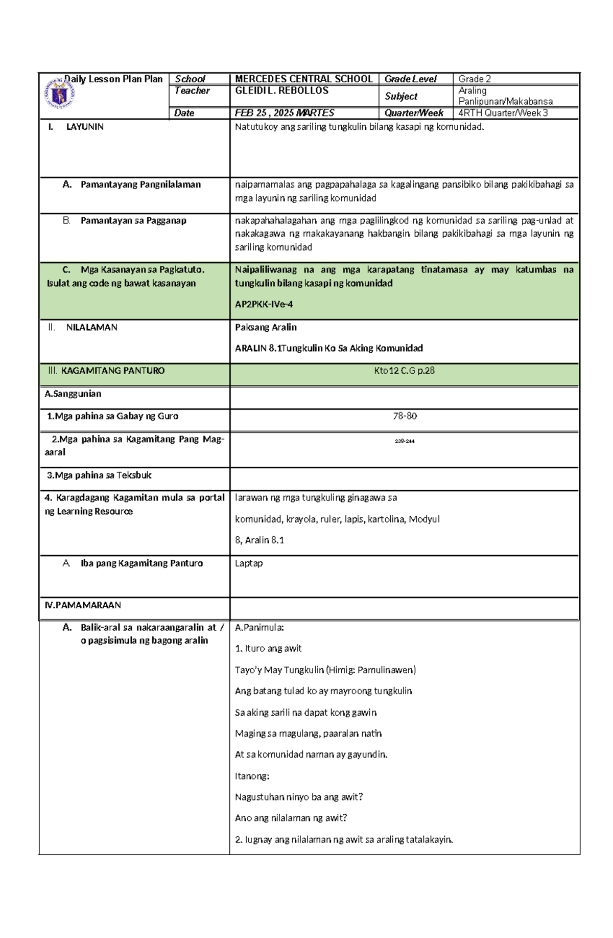 Arpan DAY 2 - LESSON PLAN - Daily Lesson Plan Plan School MERCEDES ...