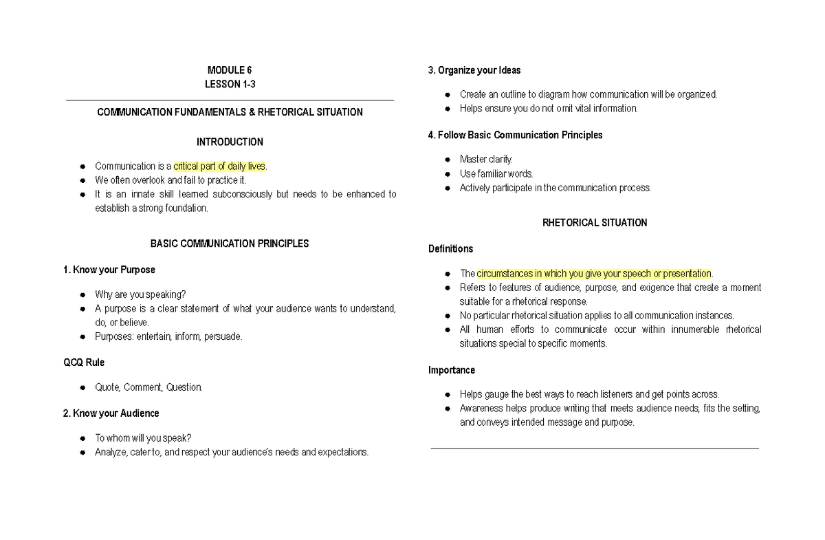 MODULE 6 LESSON: COMMUNICATION FUNDAMENTALS & RHETORICAL SITUATIONS ...
