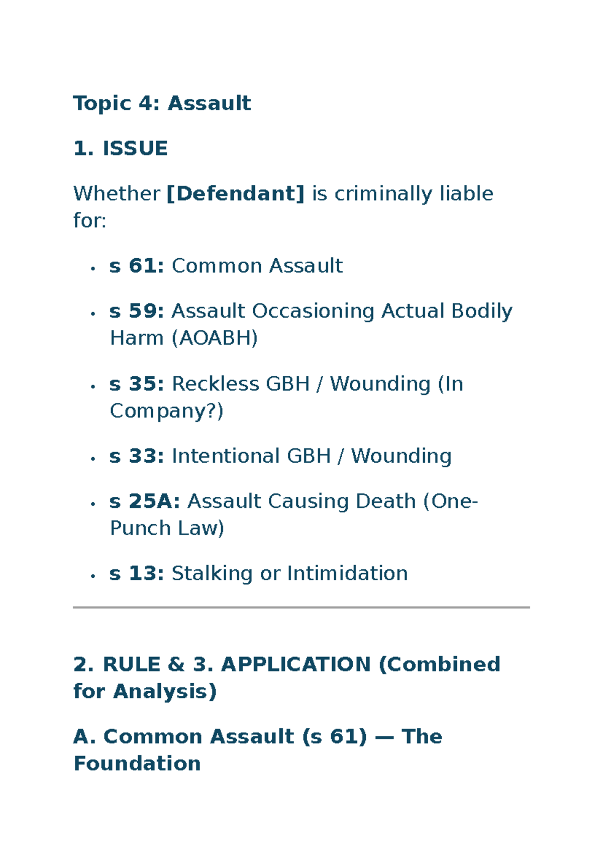 Assault Law Notes: Key Issues and Applications (Course Code: LAW101 ...