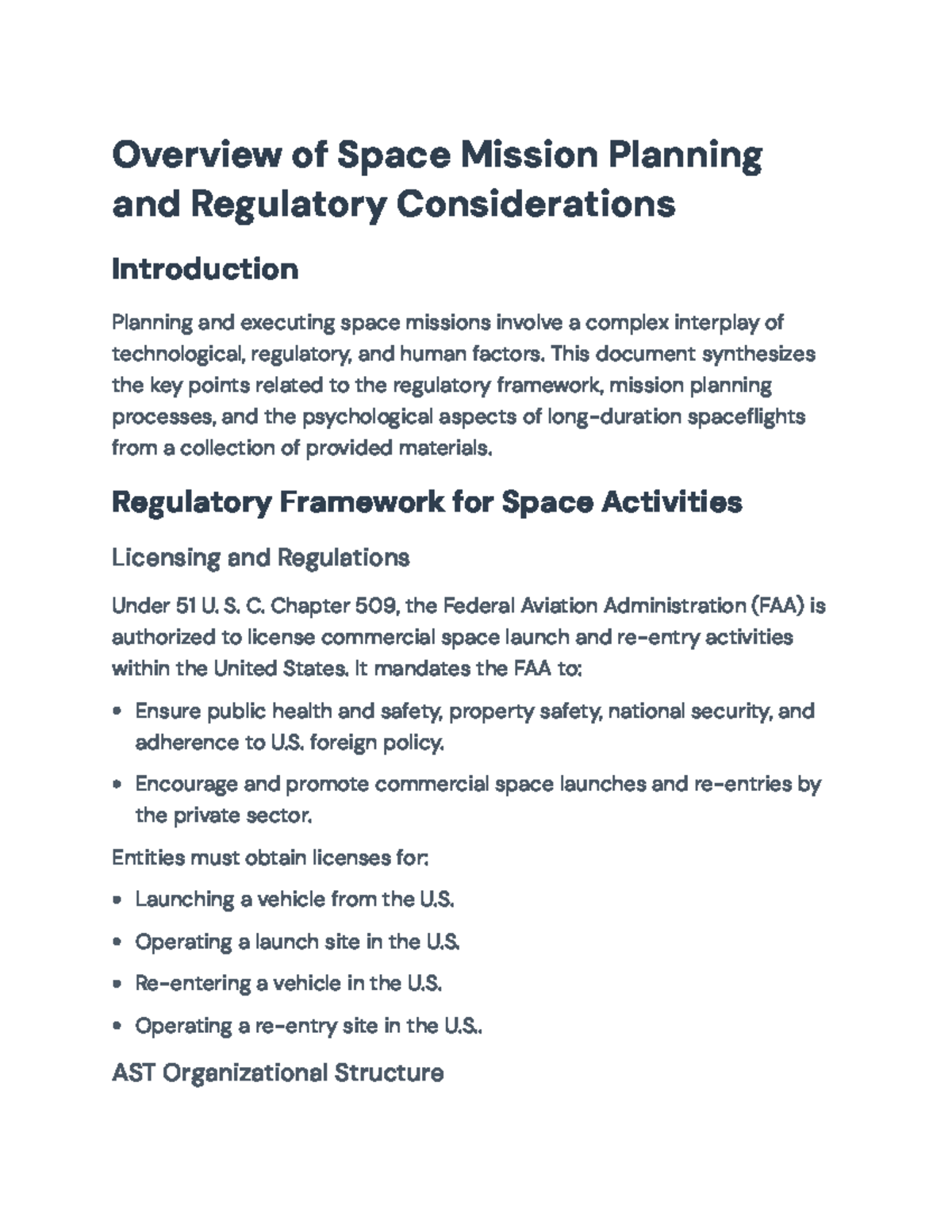 Regulatory and Psychological Considerations in Space Mission Planning ...