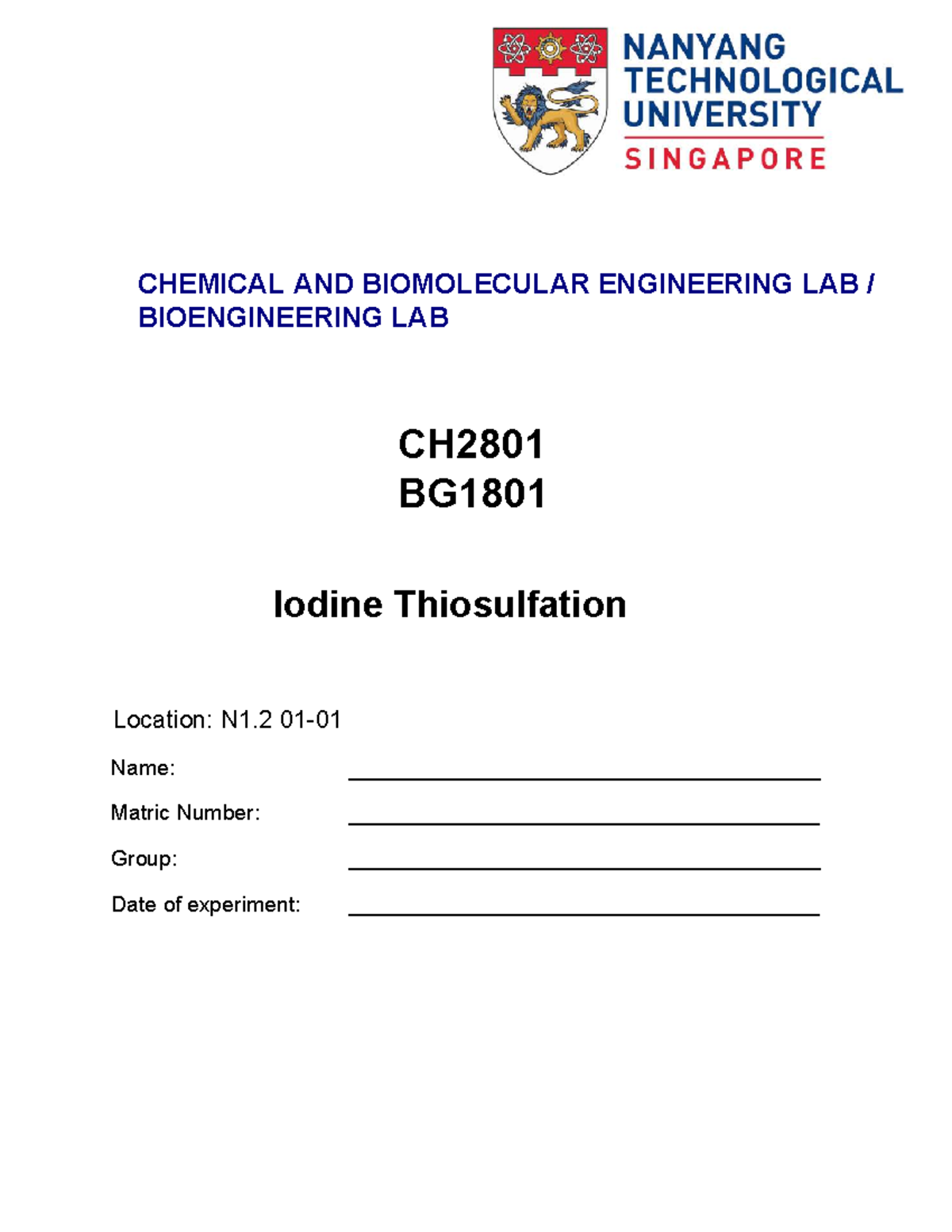CH2801 C2 Lab Report: Kinetics of Iodine Thiosulfation Experiment - Studocu