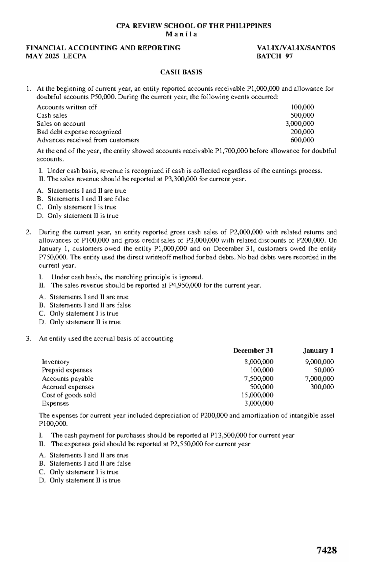 CPA REVIEW: FINANCIAL ACCOUNTING & REPORTING - CASH BASIS PRACTICE ...