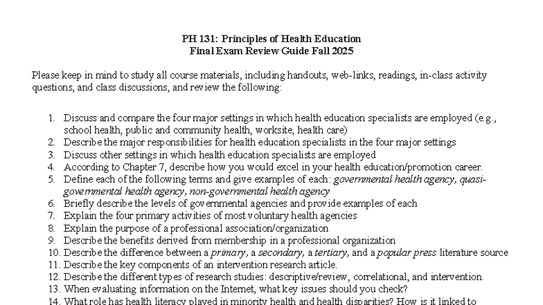PH 131: Health Education Final Exam Review Guide - Fall 2025 - Studocu