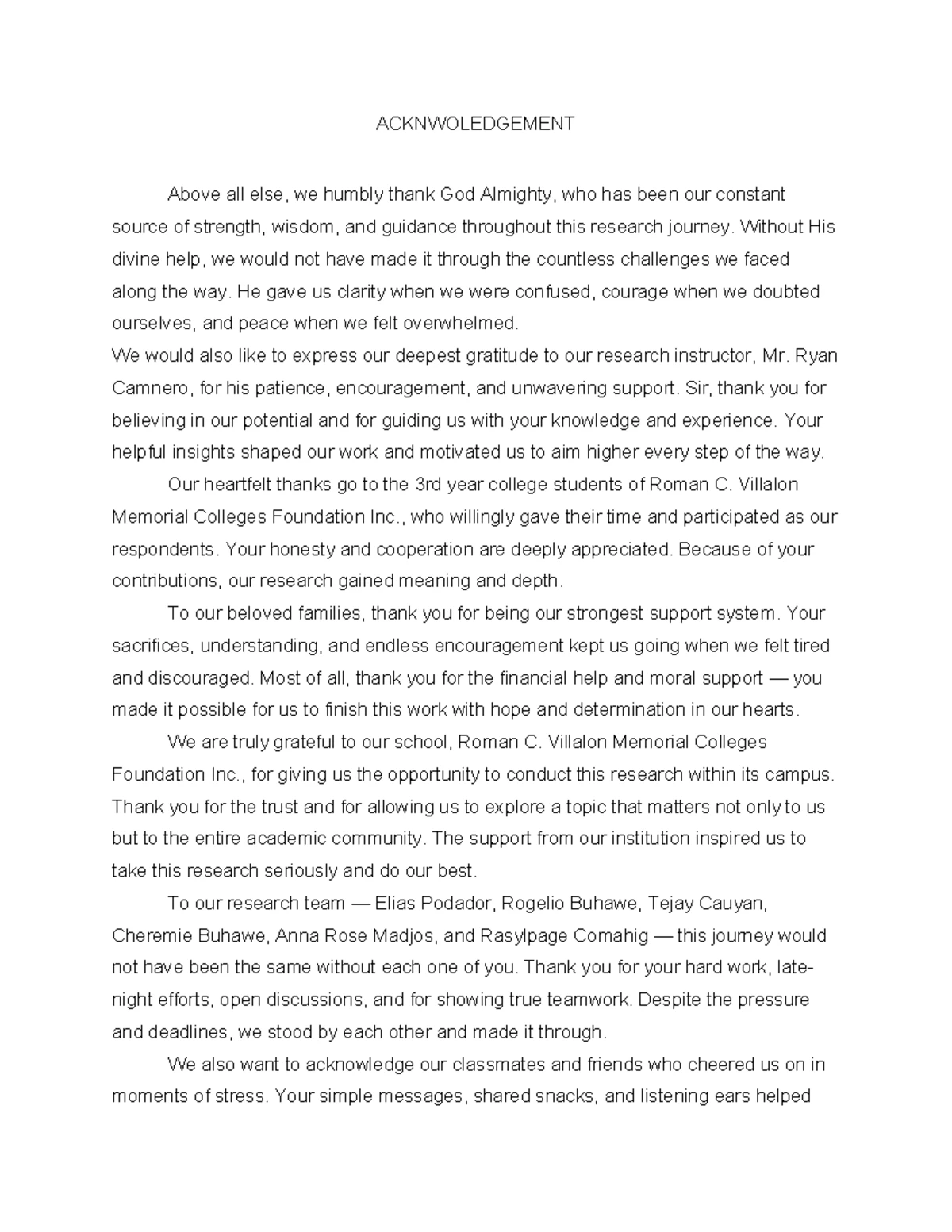 Final Acknowledgement for Research Project Submission - Studocu