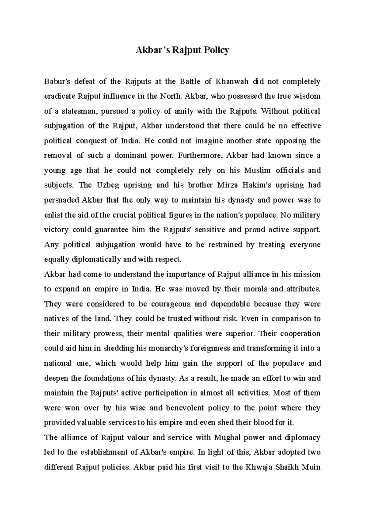 Akbar's Rajput Policy: Strategies for Alliance and Governance - Studocu