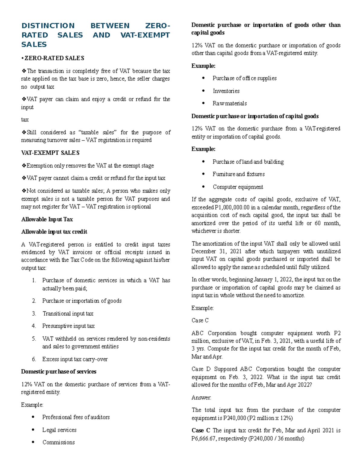 Distinction Between Zero-Rated Sales and VAT Transactions (ACCT 101 ...