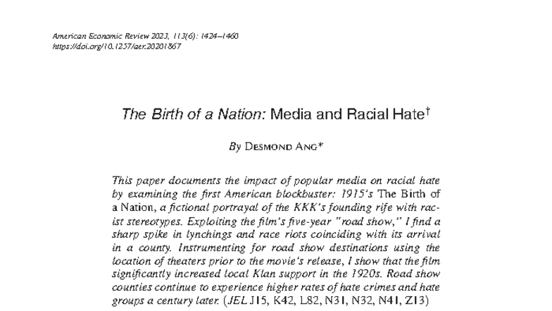 Ang - The Birth of a Nation: Media's Role in Racial Hate (AER 2023 ...