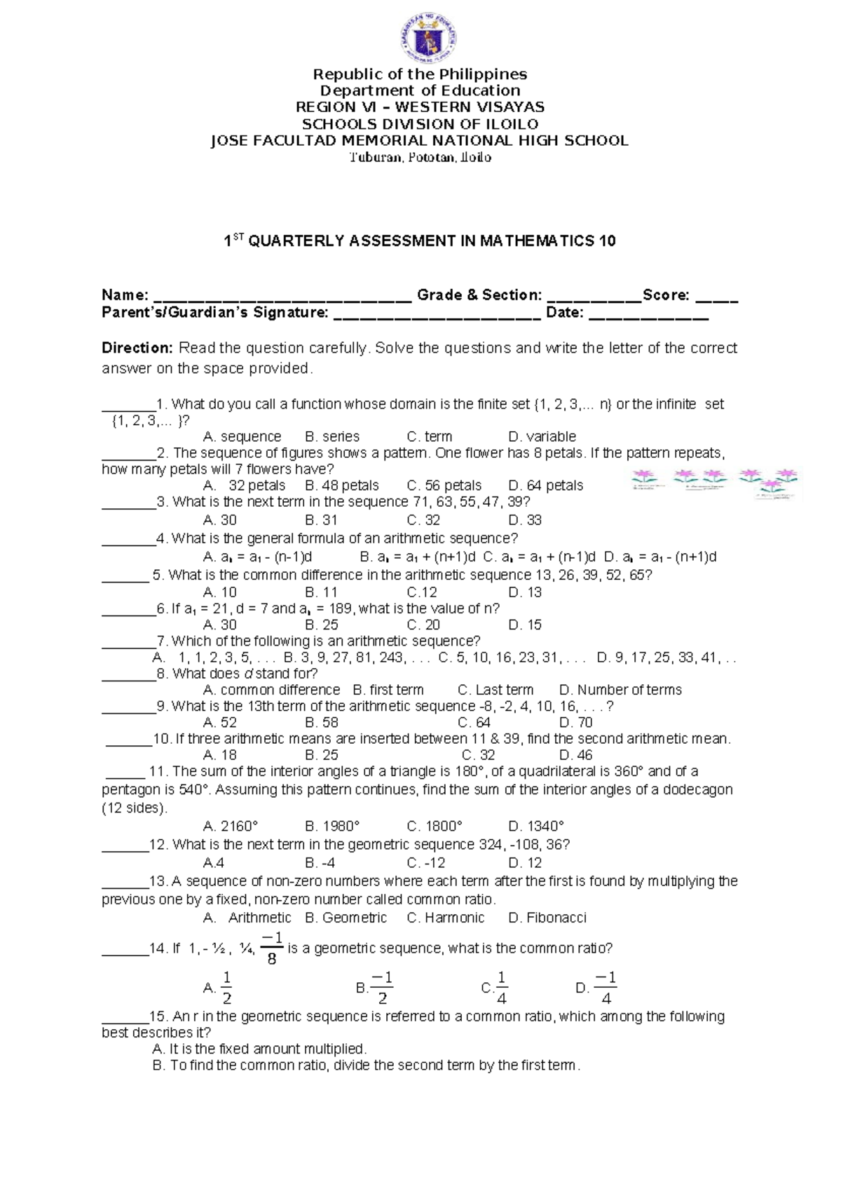 Math 10 1st Quarter Assessment - Test Questions and Solutions - Studocu