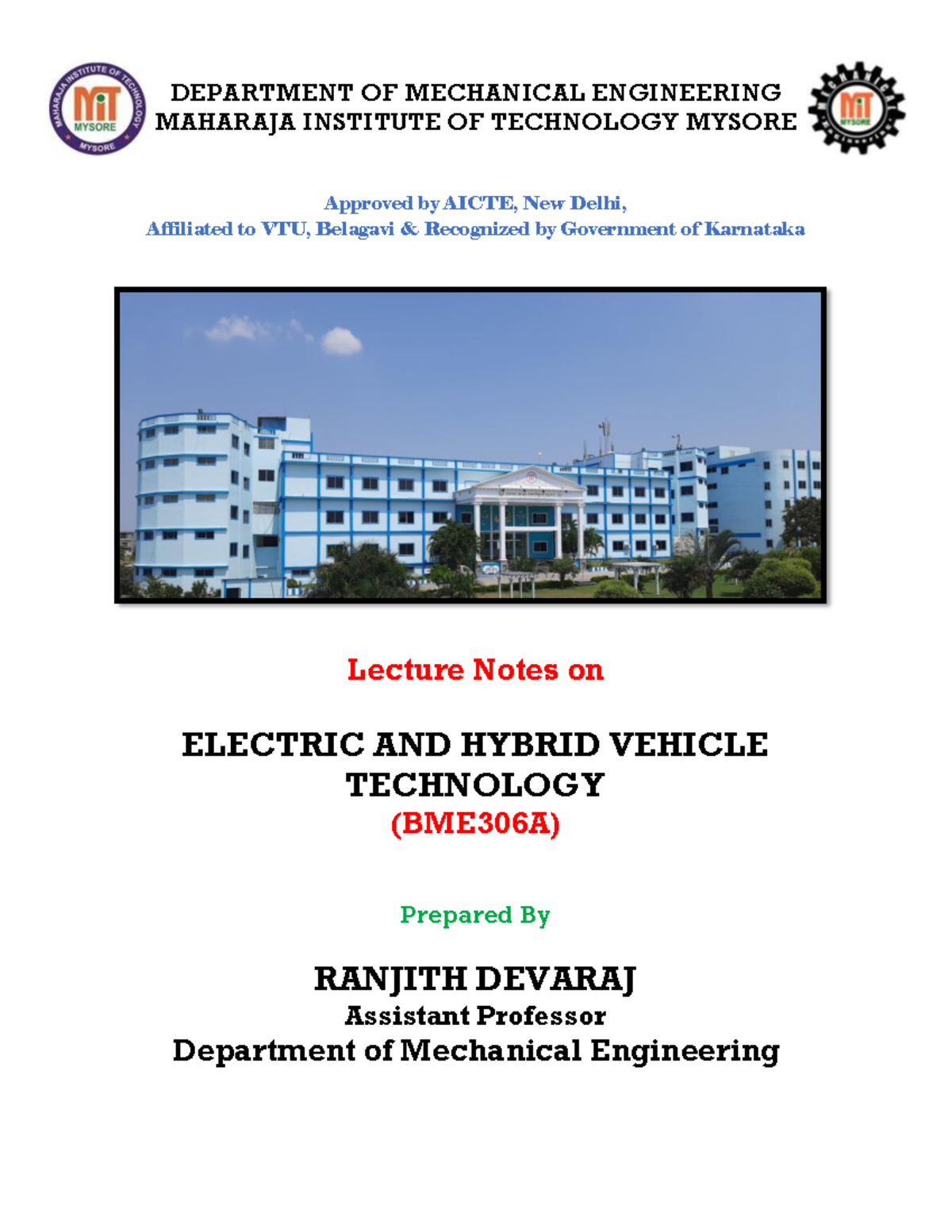 Lecture Notes on Electric and Hybrid Vehicle Technology (BME306A) - Studocu