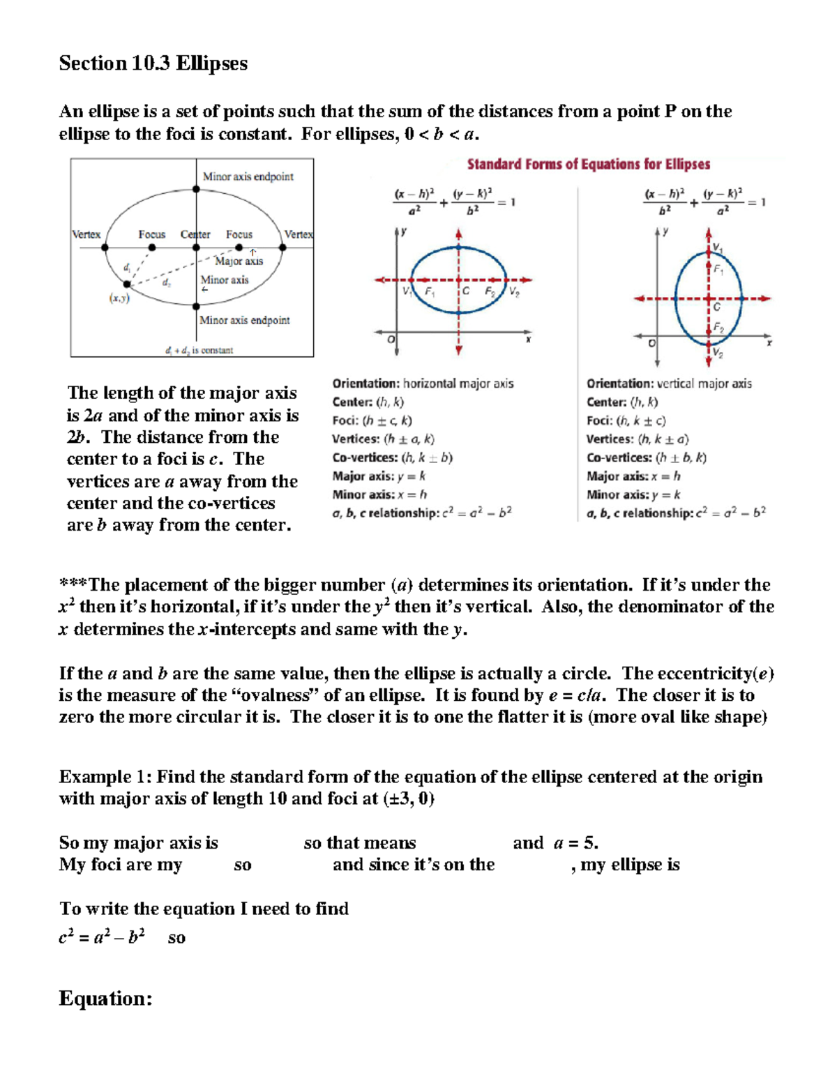 Notes 10 - Conic Sections - Section 10 Ellipses An ellipse is a set of ...