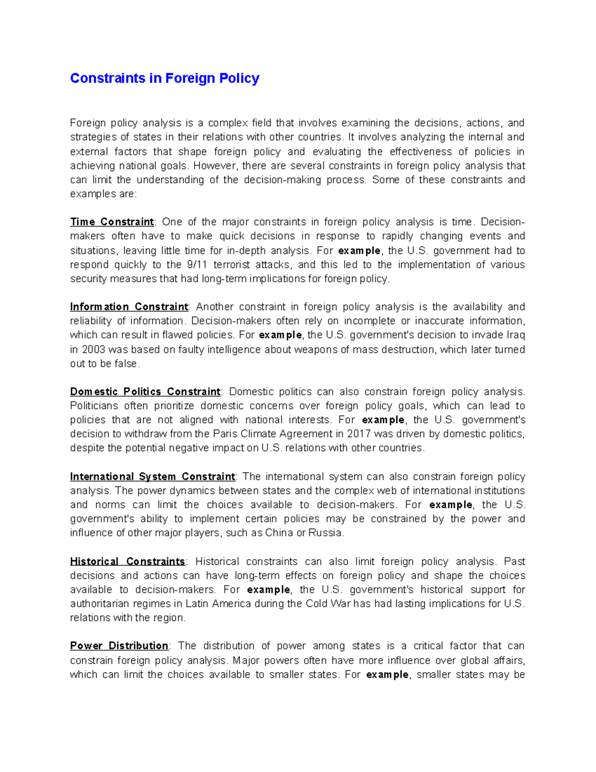 Constraints in Foreign Policy Analysis: Key Factors and Examples - Studocu