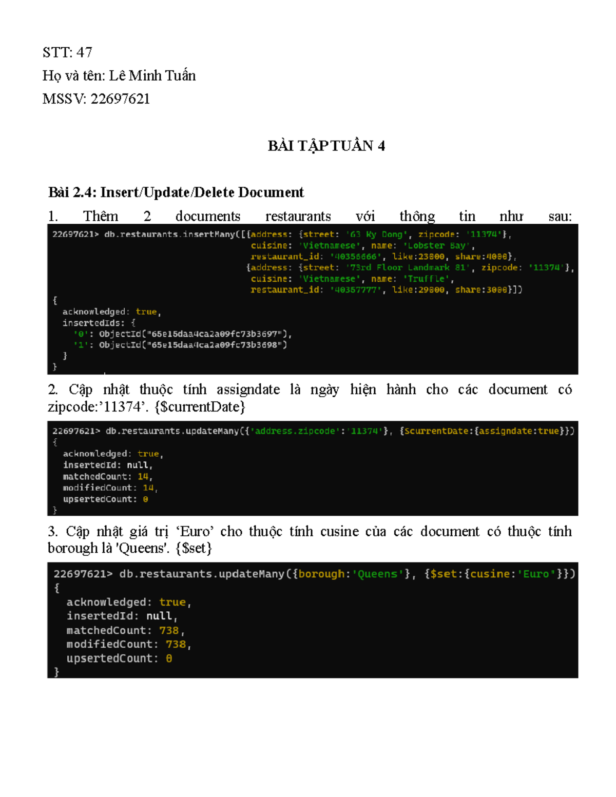 Bài Tập Tuần 4 - Insert/Update/Delete & Query Sinh Viên 22697621 - Studocu