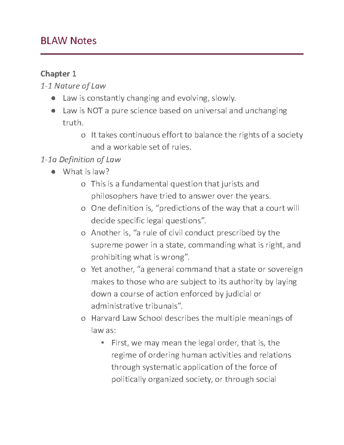 BLAW Notes 1-1 - BLAW 3201 - BLAW Notes Chapter 1 1-1 Nature of Law Law ...
