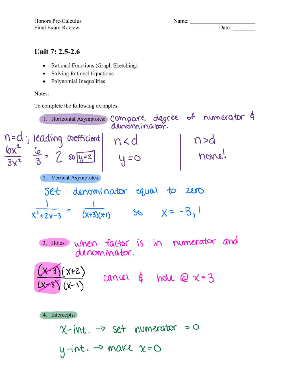 Honors Math 101: Final Exam Review - Unit 7 Rational Functions - Studocu